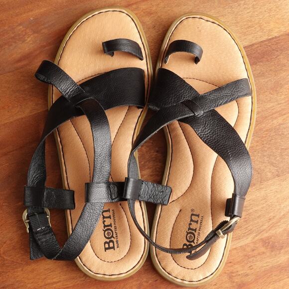 Born Sandals Womens SZ 8M BLK Inya Toe Loop Leather Boho Minimalist Flat Shoes - Picture 8 of 15